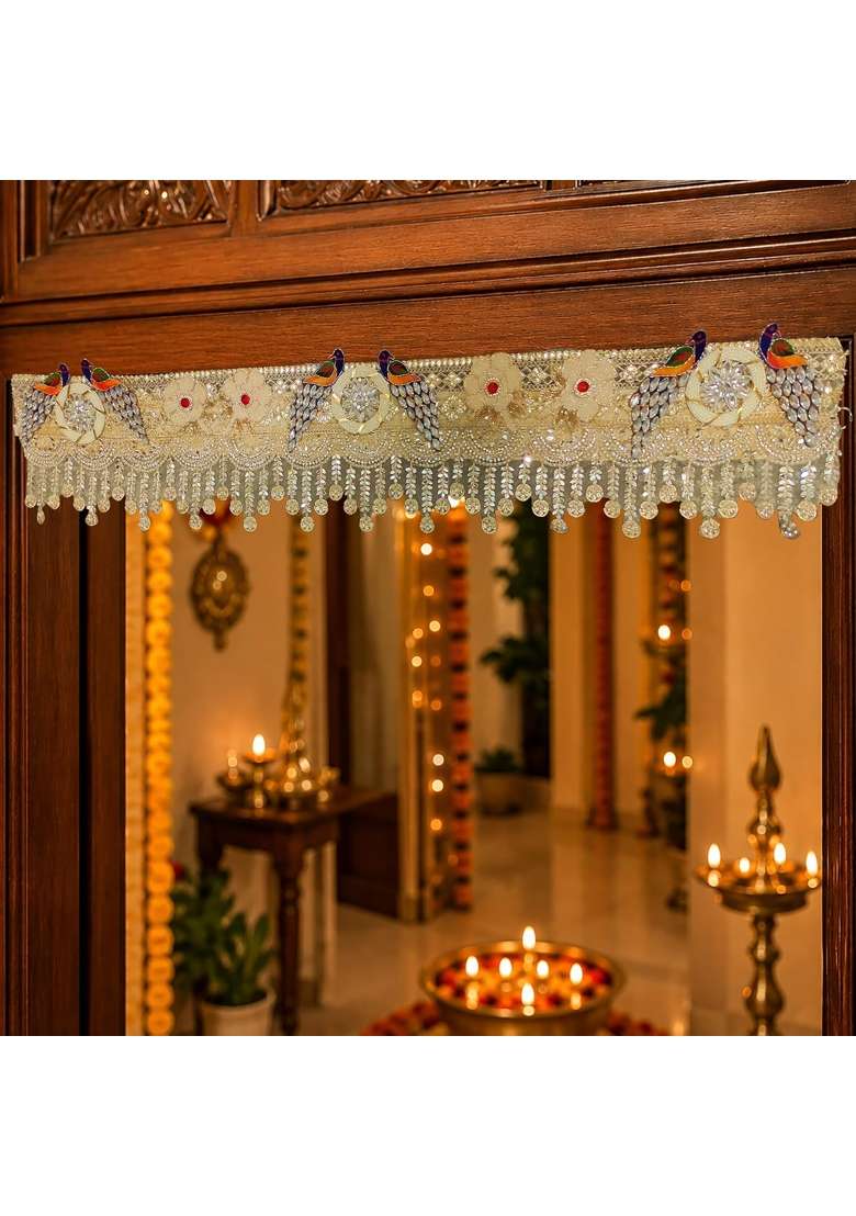 Reptum Decor Decorative Toran with Peacock Motifs Floral Embroidery Crystal Beaded Fringe Golden - Indya