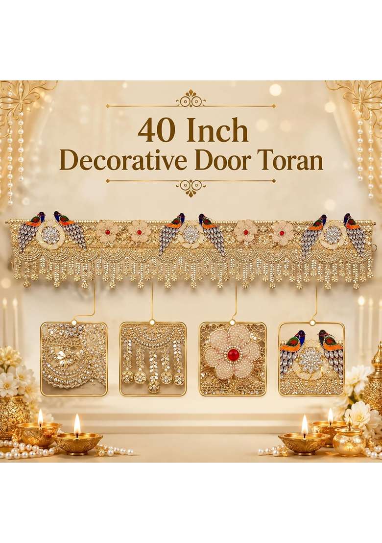 Reptum Decor Decorative Toran with Peacock Motifs Floral Embroidery Crystal Beaded Fringe Golden - Indya