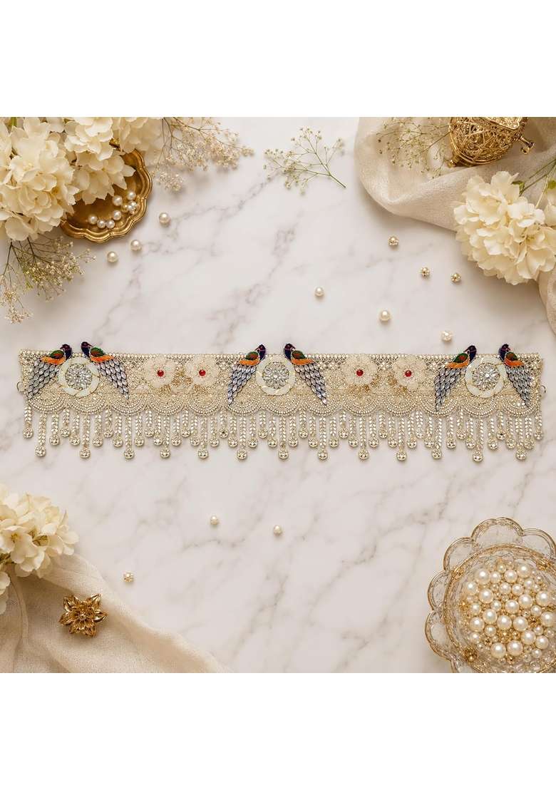 Reptum Decor Decorative Toran with Peacock Motifs Floral Embroidery Crystal Beaded Fringe Golden - Indya