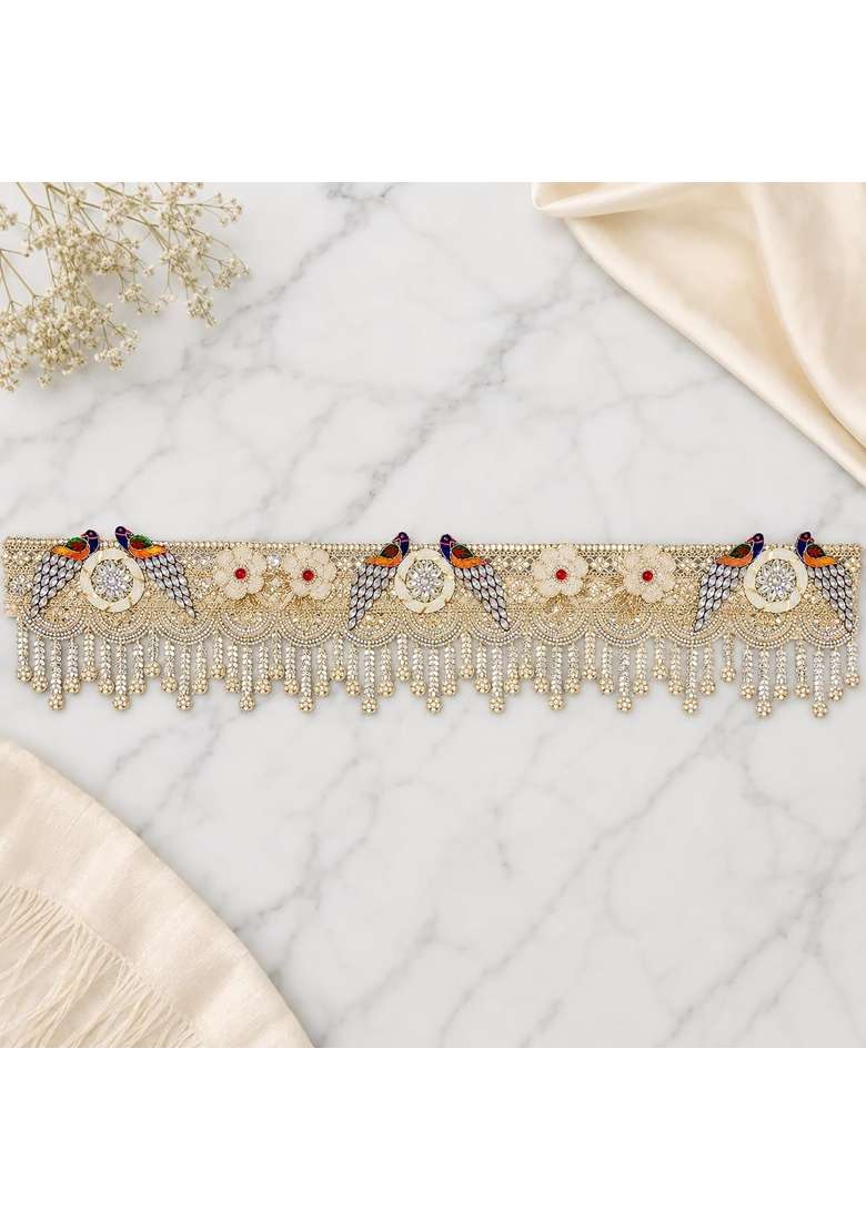 Reptum Decor Decorative Toran with Peacock Motifs Floral Embroidery Crystal Beaded Fringe Golden - Indya
