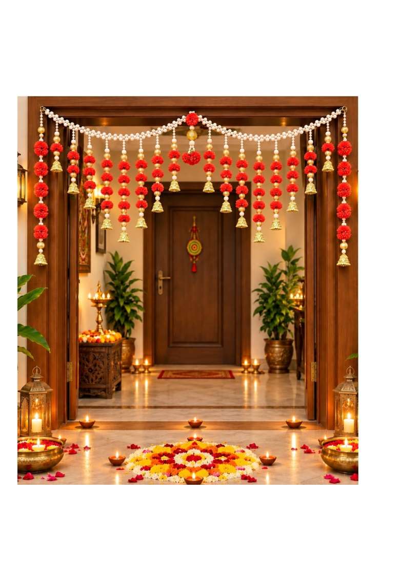 Lily Tara Orange Marigold Premium Toran for Door Artificial Fabric Flower Bandhanwar - Indya