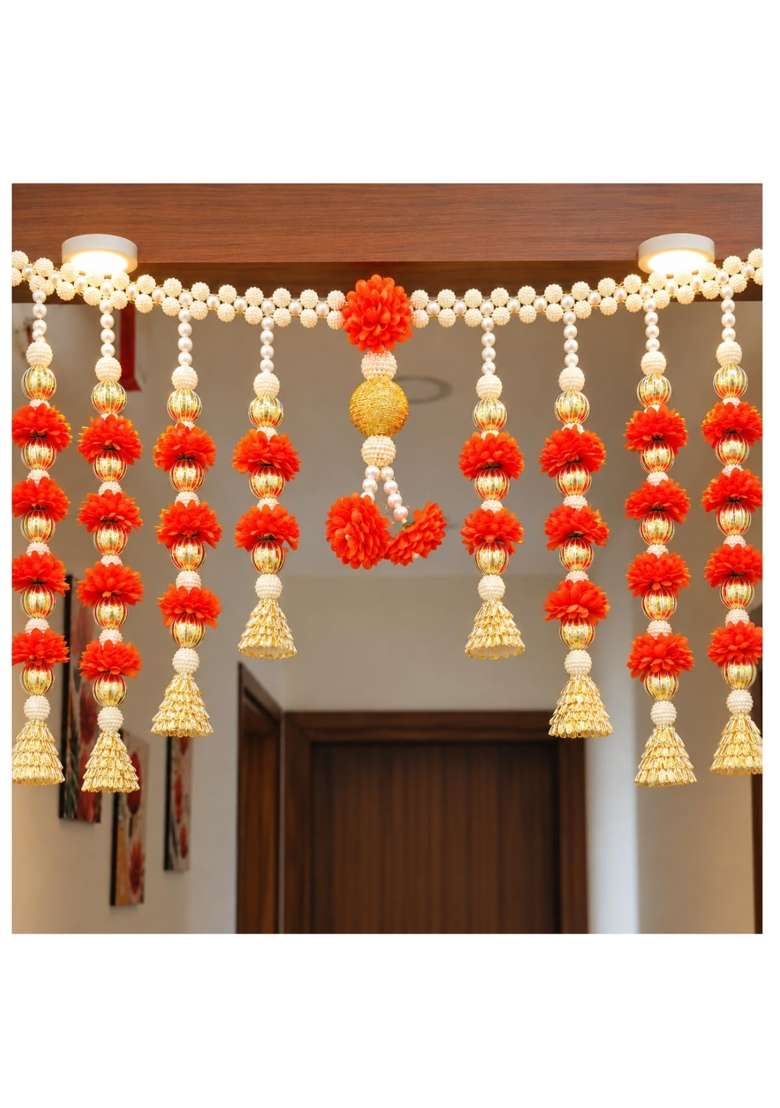 Lily Tara Orange Marigold Premium Toran for Door Artificial Fabric Flower Bandhanwar - Indya