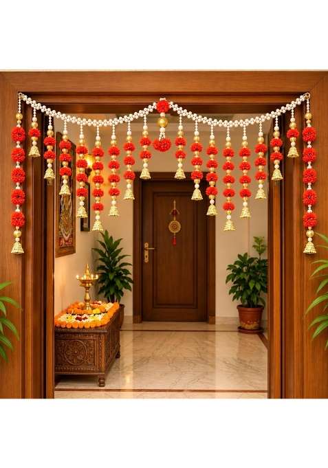 Lily Tara Orange Marigold Premium Toran for Door Artificial Fabric Flower Bandhanwar