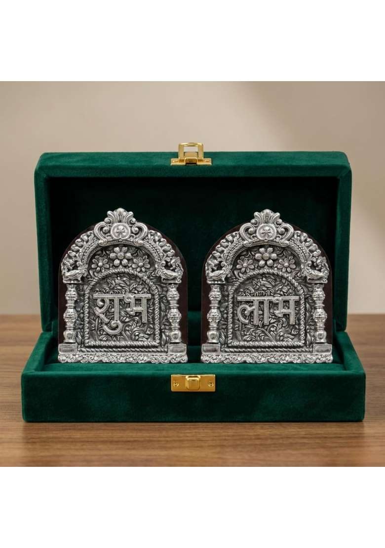 Dev Aastha Silver Plated Shubh Labh Hanging for Main Door Entrance 5 Inch - Indya
