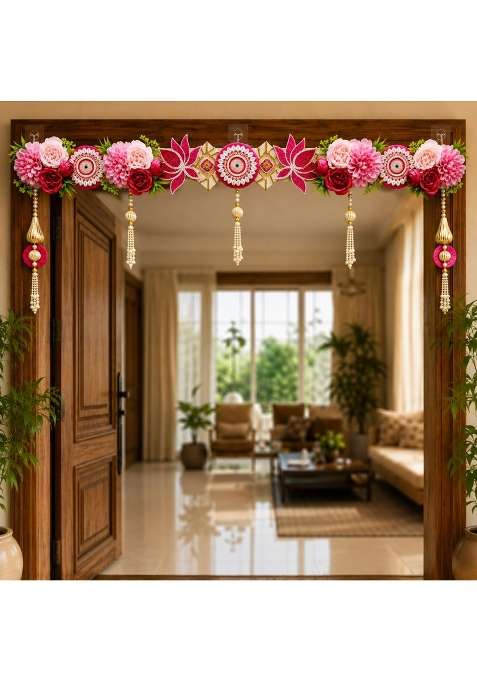 Craft Shop India Flower Toran for Door Wall Hanging Bandhanwar with Beads and Roses Diwali and Festival Decor