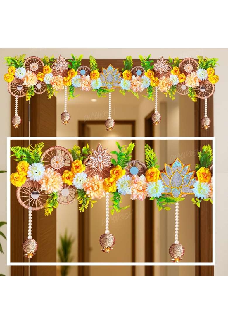 Divyakosh Handmade Flower Toran for Door 40 Inch Lotus Floral Bandhanwar with Hanging Beads - Indya