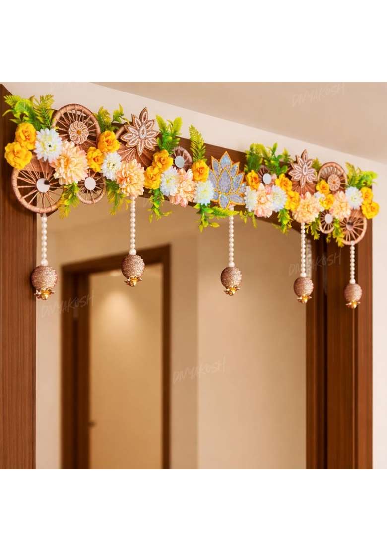 Divyakosh Handmade Flower Toran for Door 40 Inch Lotus Floral Bandhanwar with Hanging Beads - Indya