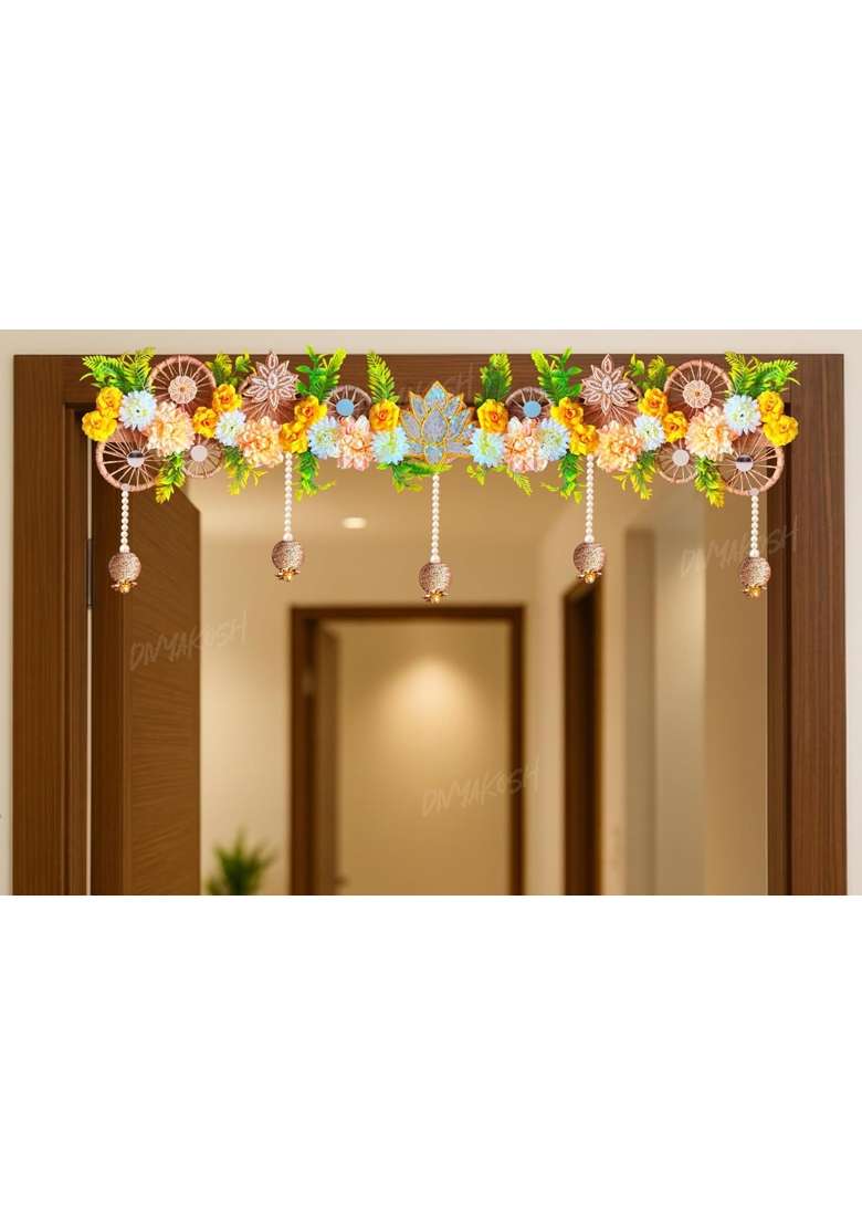 Divyakosh Handmade Flower Toran for Door 40 Inch Lotus Floral Bandhanwar with Hanging Beads - Indya