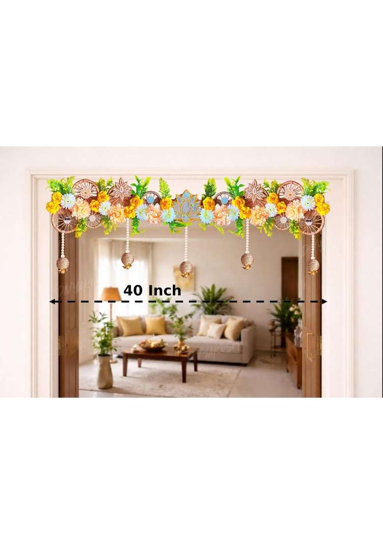 Divyakosh Handmade Flower Toran for Door 40 Inch Lotus Floral Bandhanwar with Hanging Beads - Indya