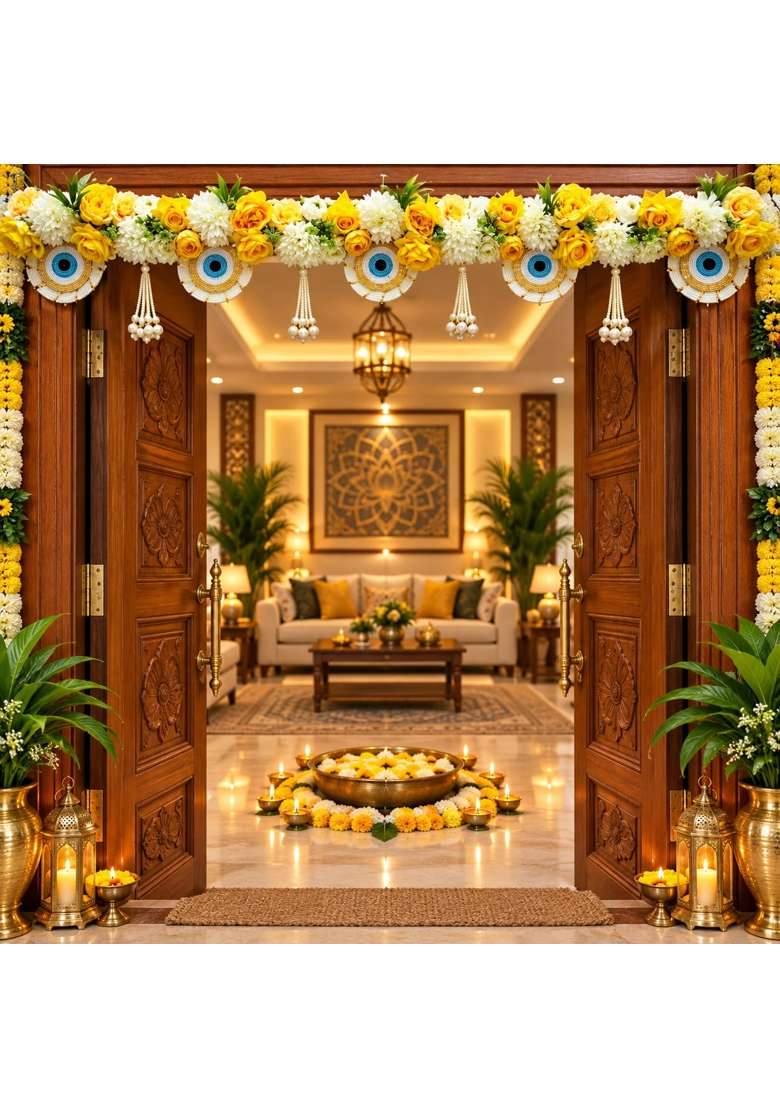 Craft Shop India Yellow Evil Eye Floral Toran Bandhanwar for Door Entrance and Temple - Indya