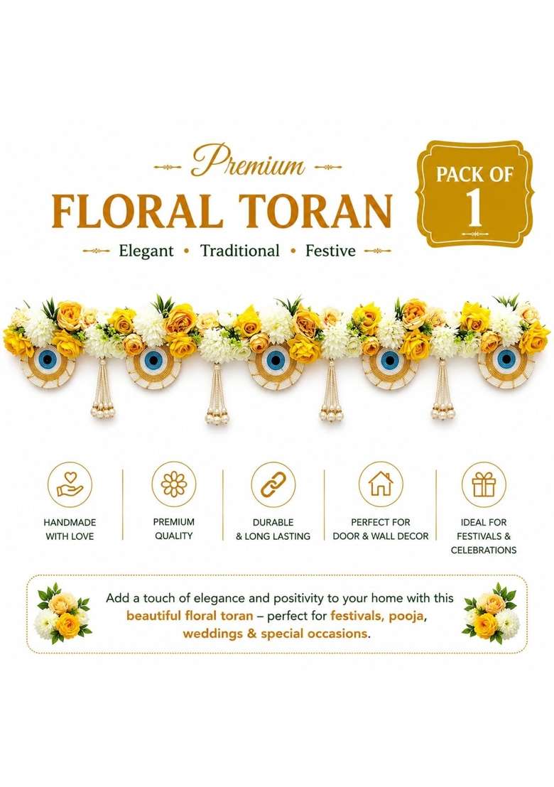 Craft Shop India Yellow Evil Eye Floral Toran Bandhanwar for Door Entrance and Temple - Indya