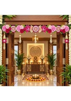 Craft Shop India Pink Flower Toran for Main Door and Mandir 40 Inch Rani Pink Bandhanwar with Beaded Lotus