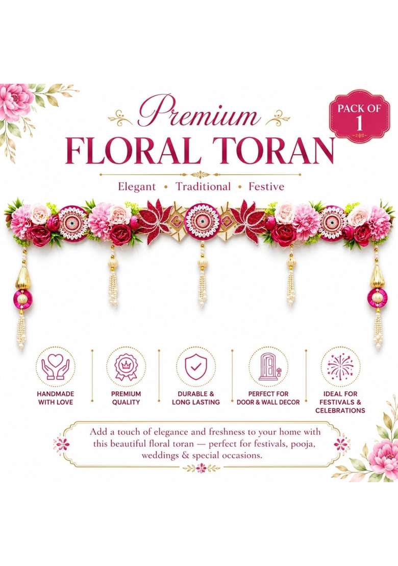 Craft Shop India Pink Flower Toran for Main Door and Mandir 40 Inch Rani Pink Bandhanwar with Beaded Lotus - Indya