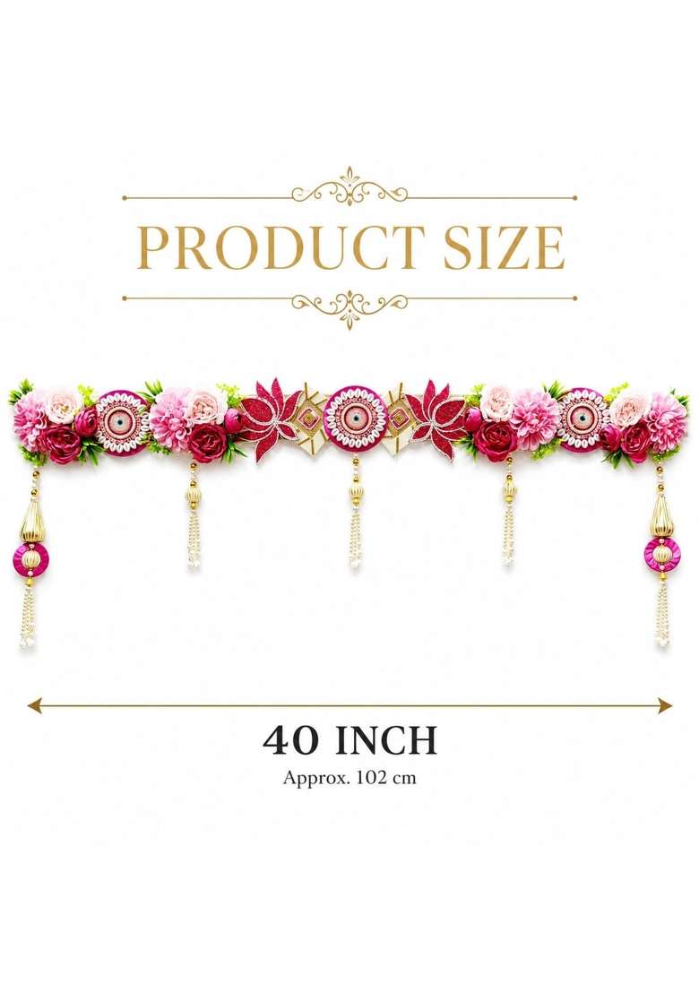 Craft Shop India Pink Flower Toran for Main Door and Mandir 40 Inch Rani Pink Bandhanwar with Beaded Lotus - Indya