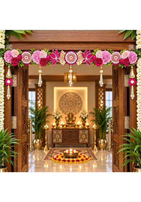 Craft Shop India Pink Flower Toran for Main Door and Mandir 40 Inch Rani Pink Bandhanwar with Beaded Lotus