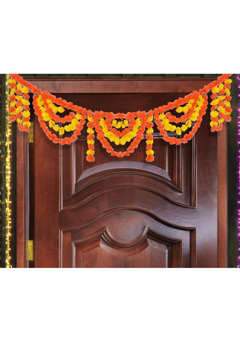 Evisha Real Marigold Look Artificial Flowers Door Hanging Toran Bandhanwar for Diwali Decoration 5 Feet Door - Indya