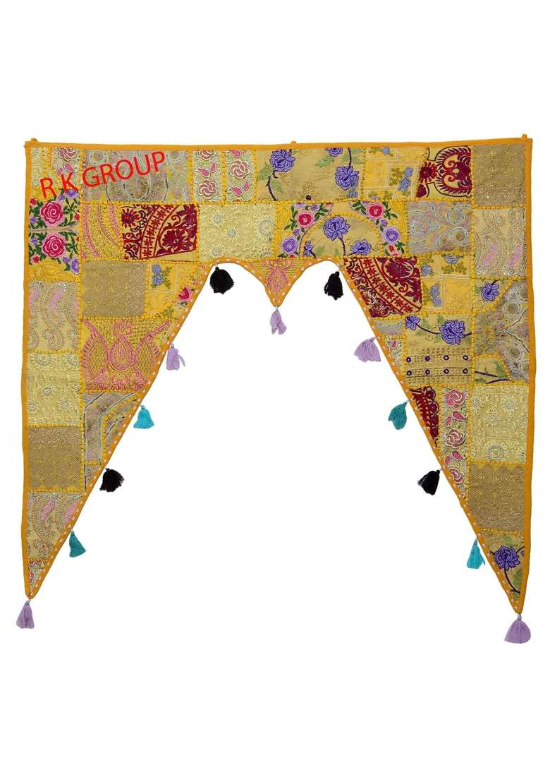 Patchwork Cotton Embroidered Door Hanging Traditional Bandhanwar Home Decoration Large Bandhanwal Toran Yellow - Indya