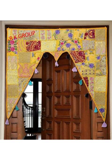 Patchwork Cotton Embroidered Door Hanging Traditional Bandhanwar Home Decoration Large Bandhanwal Toran Yellow