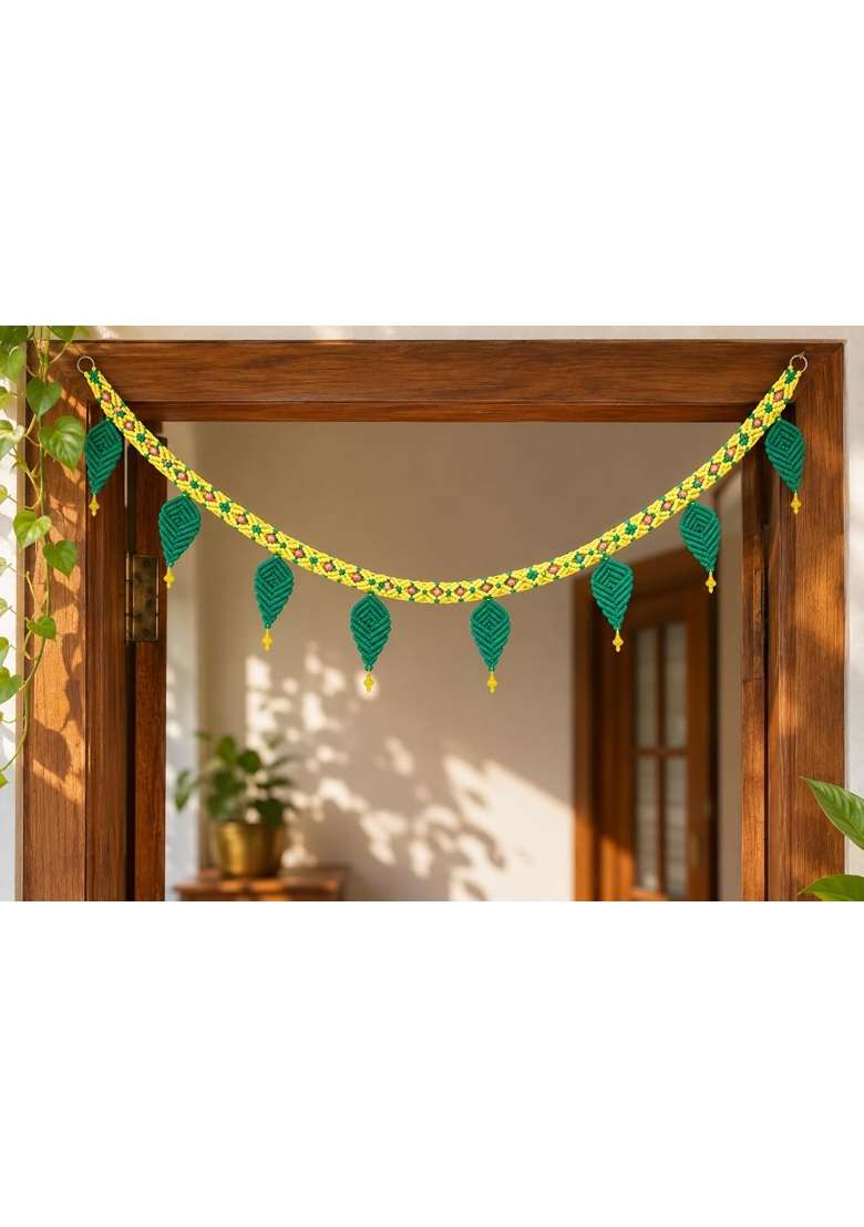 Macrame Toran for Main Door Yellow and Green Nylon Cord Door Hanging with Leaf Design - Indya