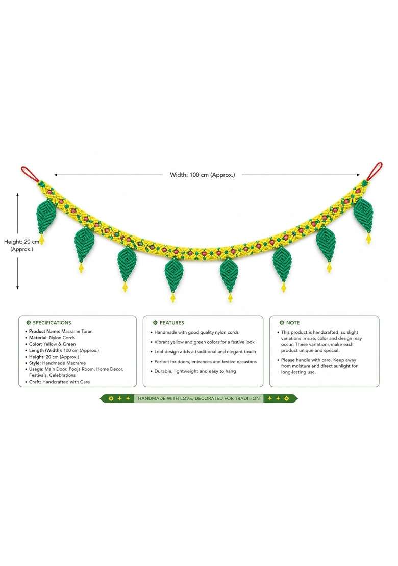 Macrame Toran for Main Door Yellow and Green Nylon Cord Door Hanging with Leaf Design - Indya