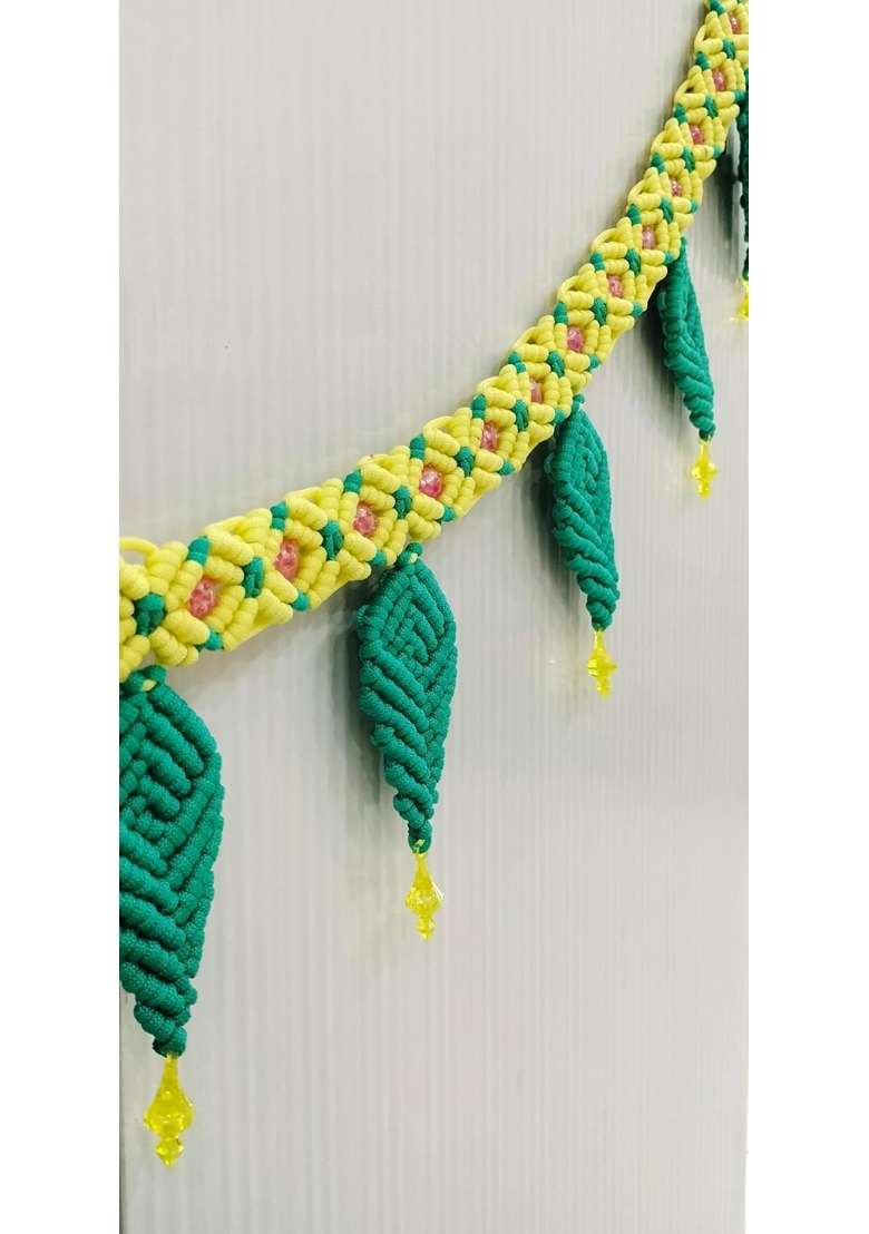 Macrame Toran for Main Door Yellow and Green Nylon Cord Door Hanging with Leaf Design - Indya