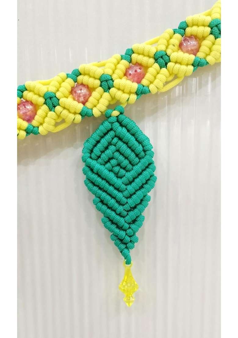 Macrame Toran for Main Door Yellow and Green Nylon Cord Door Hanging with Leaf Design - Indya