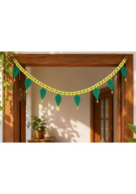 Macrame Toran for Main Door Yellow and Green Nylon Cord Door Hanging with Leaf Design