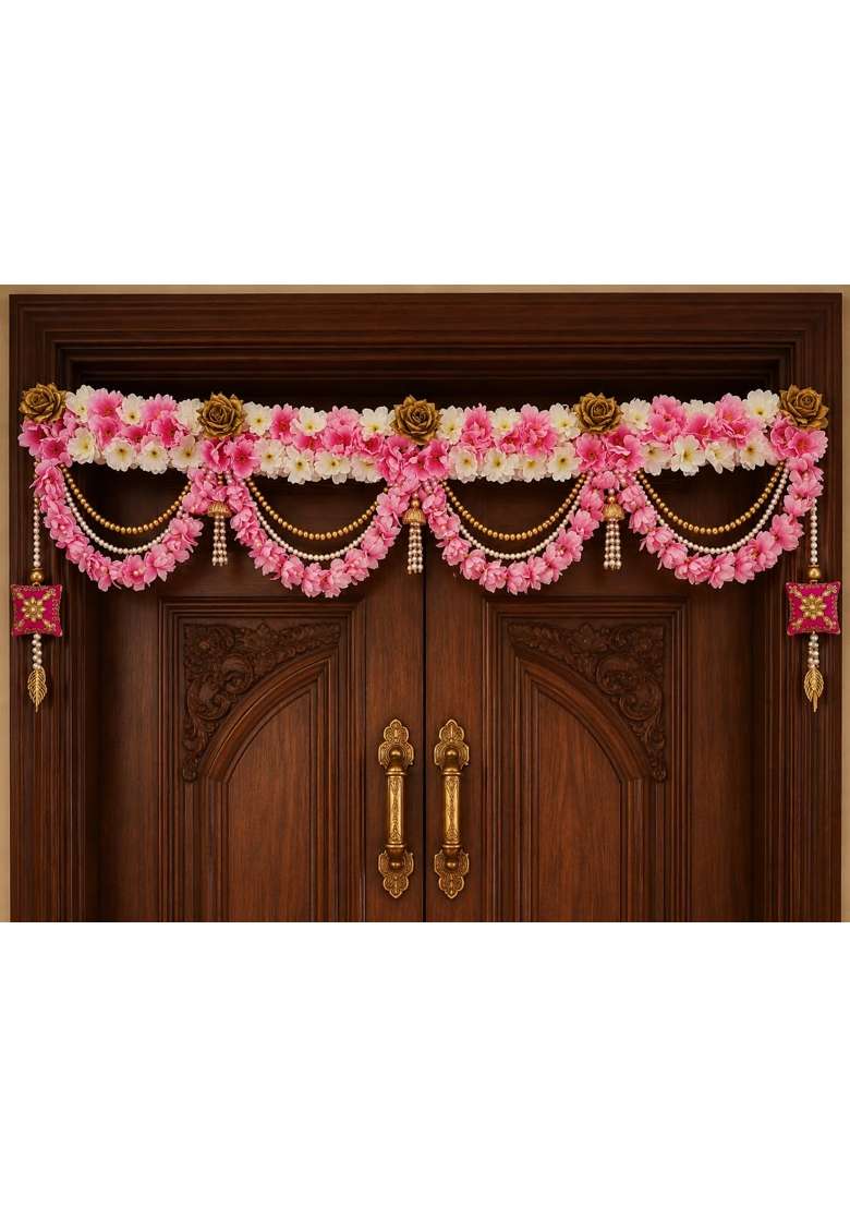 Sellplus Artificial Pink White Flower Pearl Beads Bandhanwar - Indya