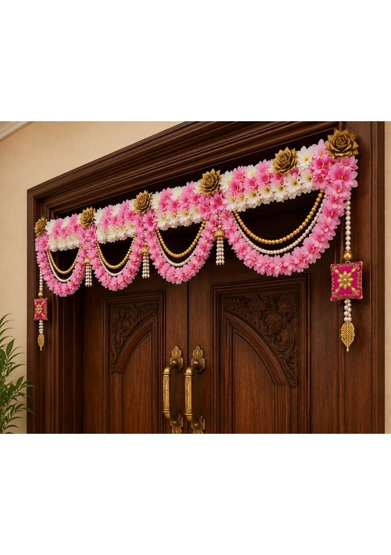 Sellplus Artificial Pink White Flower Pearl Beads Bandhanwar - Indya