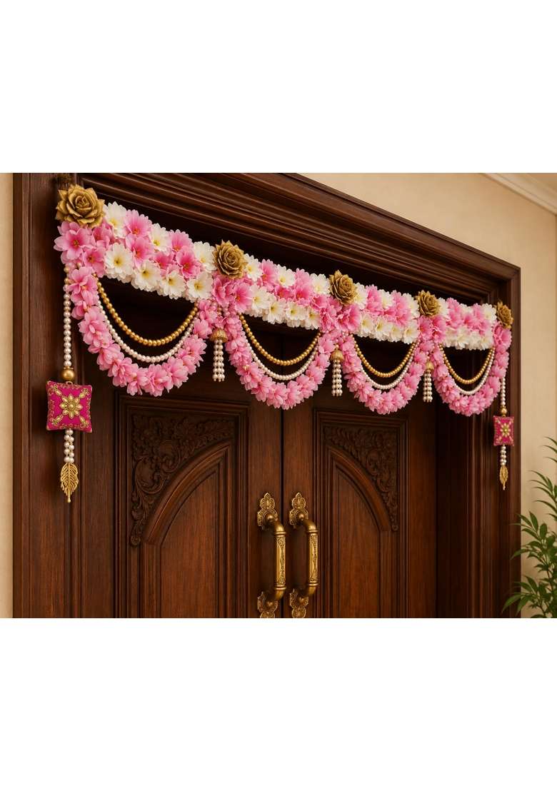 Sellplus Artificial Pink White Flower Pearl Beads Bandhanwar - Indya
