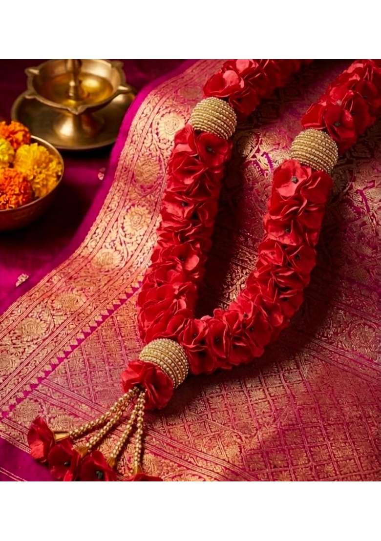 Exquisite Red Rose Fabric Varmala with Gold Bead Accents Set of 2 - Indya