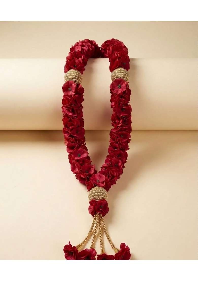 Exquisite Red Rose Fabric Varmala with Gold Bead Accents Set of 2 - Indya