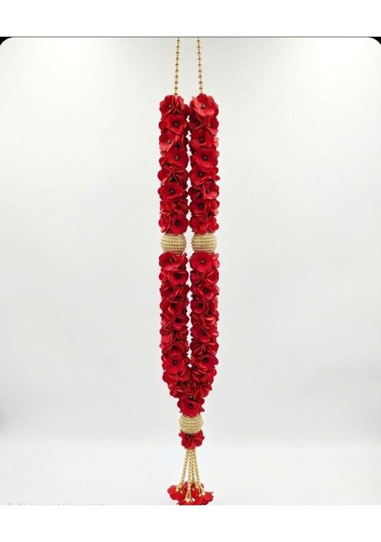 Exquisite Red Rose Fabric Varmala with Gold Bead Accents Set of 2 - Indya