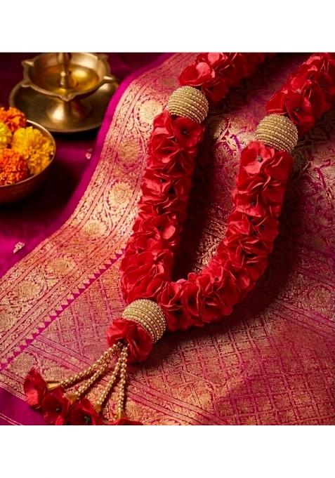 Exquisite Red Rose Fabric Varmala with Gold Bead Accents Set of 2