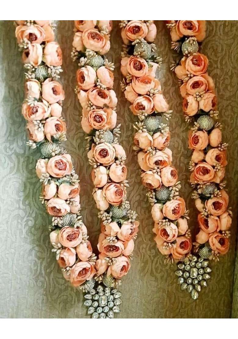 Artificial Peach Rose Flower Garland with Silver Accents Wedding Varmala Floral String - Indya