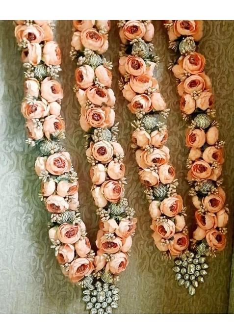 Artificial Peach Rose Flower Garland with Silver Accents Wedding Varmala Floral String
