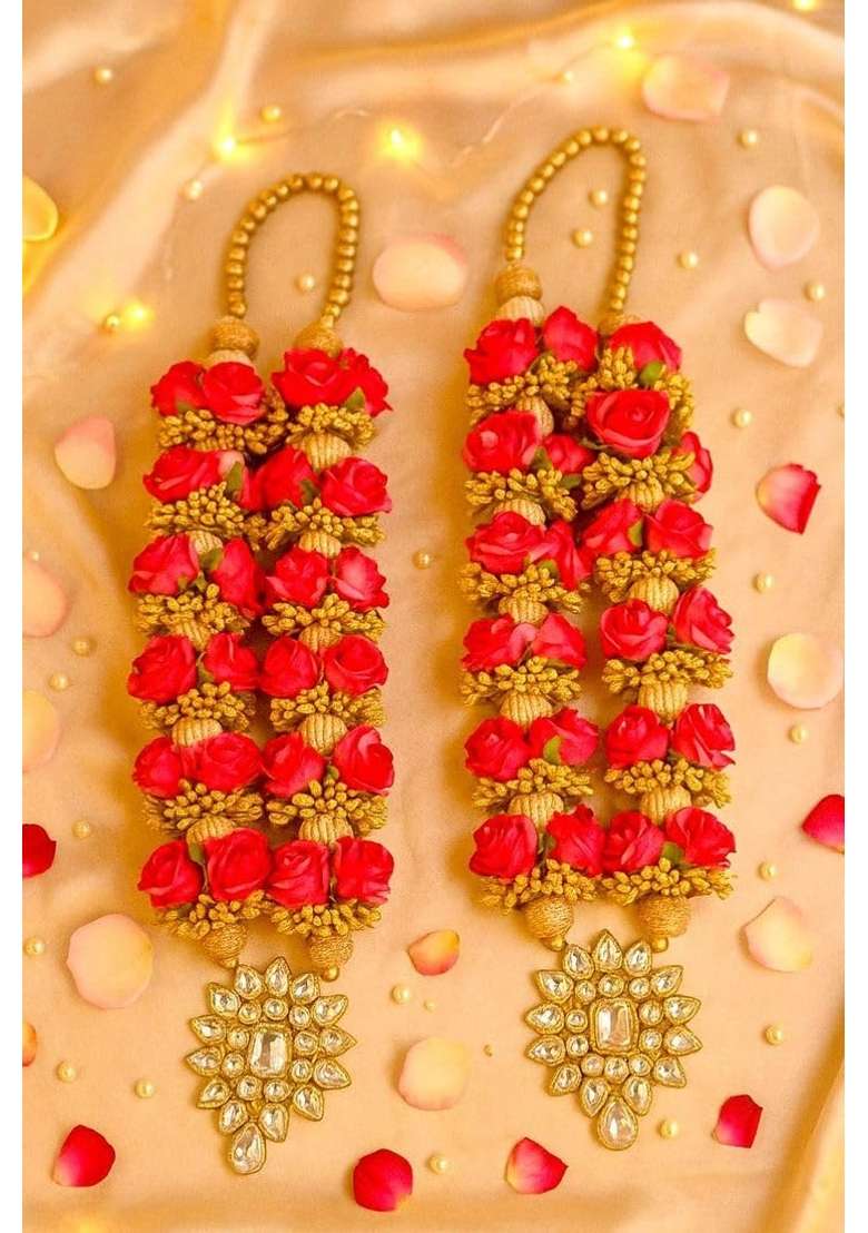 Traditional Red Rose Gold Floral Garland Set Wedding Varmala for Bride and Groom - Indya