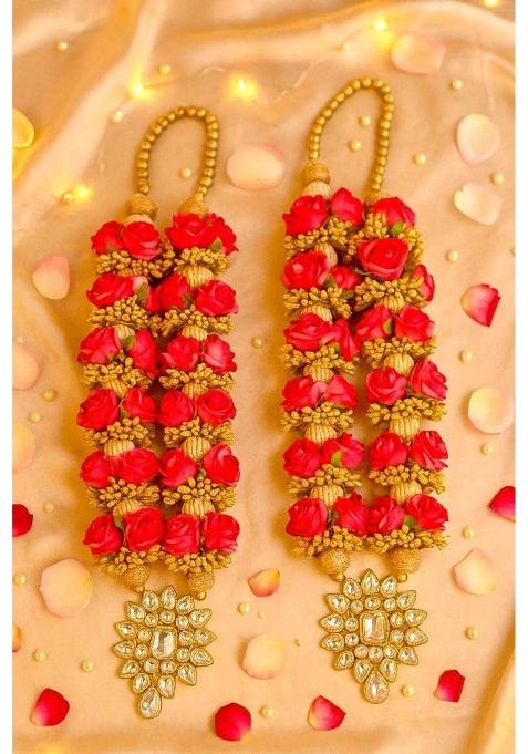 Traditional Red Rose Gold Floral Garland Set Wedding Varmala for Bride and Groom