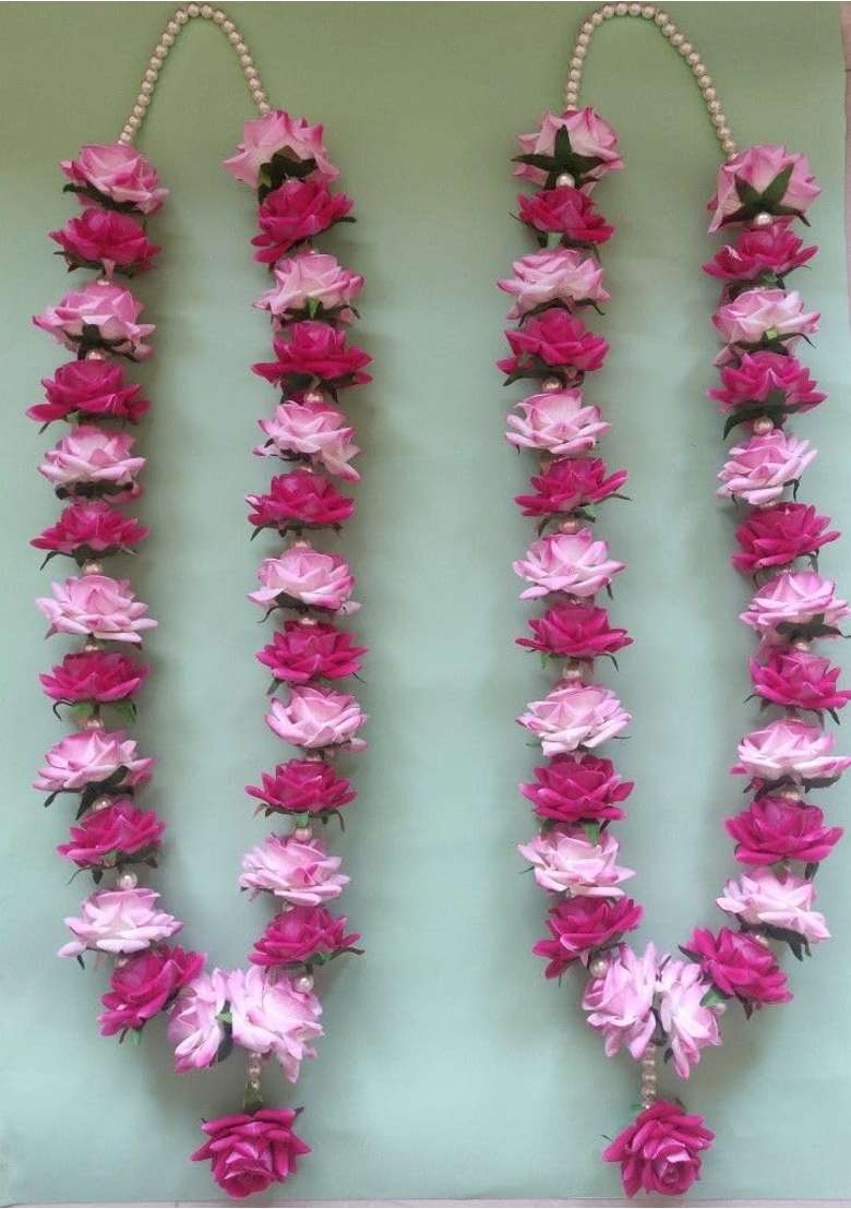 Artificial Pink Rose Flower Garland Traditional Indian Wedding Varmala Pieces Set of 2 - Indya