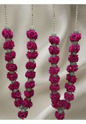 Artificial Rose Garland Wedding Varmala Pink Flowers with Golden Beads Wedding Decoration Piece Set of 2