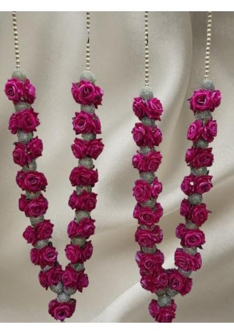 Artificial Rose Garland Wedding Varmala Pink Flowers with Golden Beads Wedding Decoration Piece Set of 2