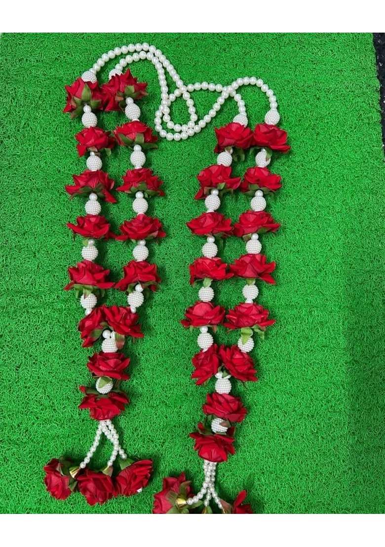Artificial Red Rose Flower Garland with Pearl Beads Wedding Decorative Varmala White Crochet Balls - Indya