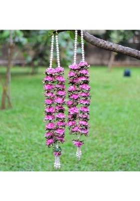 Handcrafted Artificial Flower Wedding Varmala Jaimala Designed with Elegant Pink Rose Flowers Green Filler