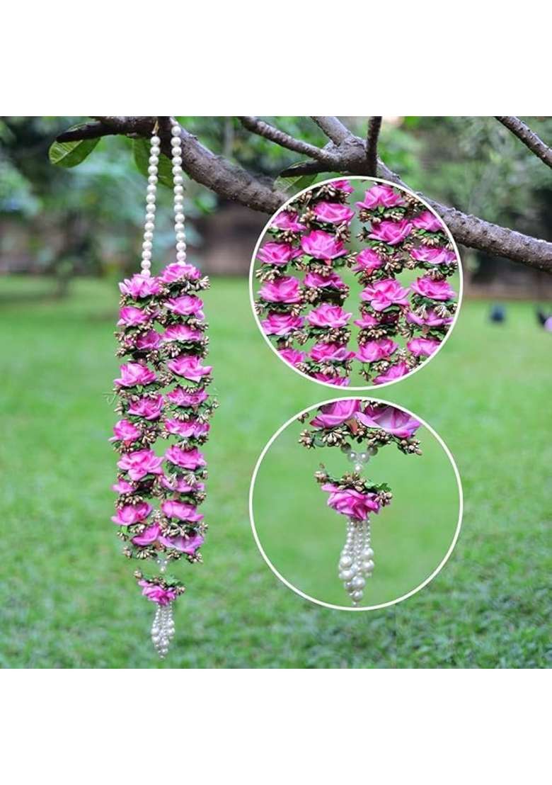 Handcrafted Artificial Flower Wedding Varmala Jaimala Designed with Elegant Pink Rose Flowers Green Filler - Indya