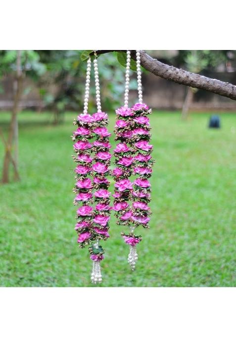 Handcrafted Artificial Flower Wedding Varmala Jaimala Designed with Elegant Pink Rose Flowers Green Filler