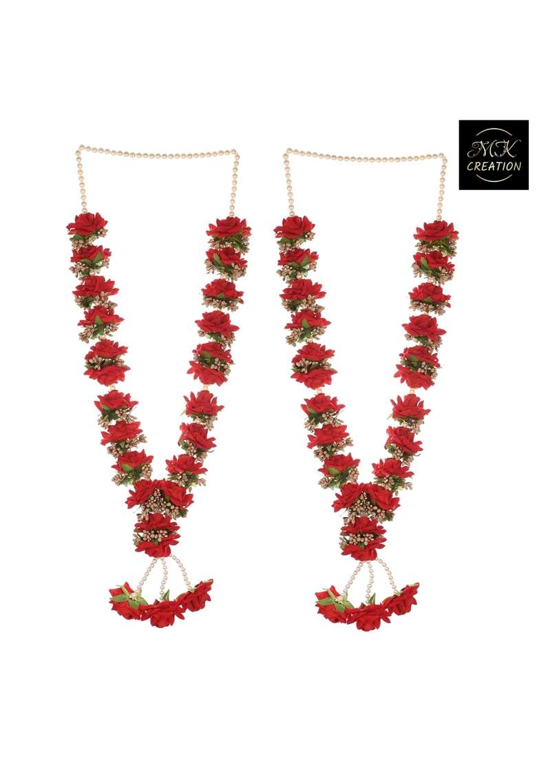 Red M K Creation Artificial Wedding Garland for Bride and Groom Varmala Multipurpose Use Size 60 CM Pack of 2 - Indya