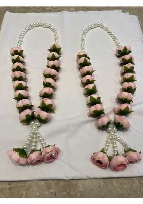 Handcrafted Pearl and Rose Wedding Varmala Garland Pink Artificial Flowers with Green Leaves