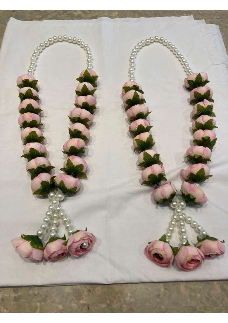 Handcrafted Pearl and Rose Wedding Varmala Garland Pink Artificial Flowers with Green Leaves - Indya