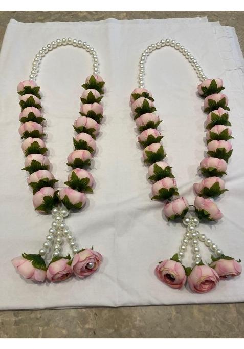 Handcrafted Pearl and Rose Wedding Varmala Garland Pink Artificial Flowers with Green Leaves