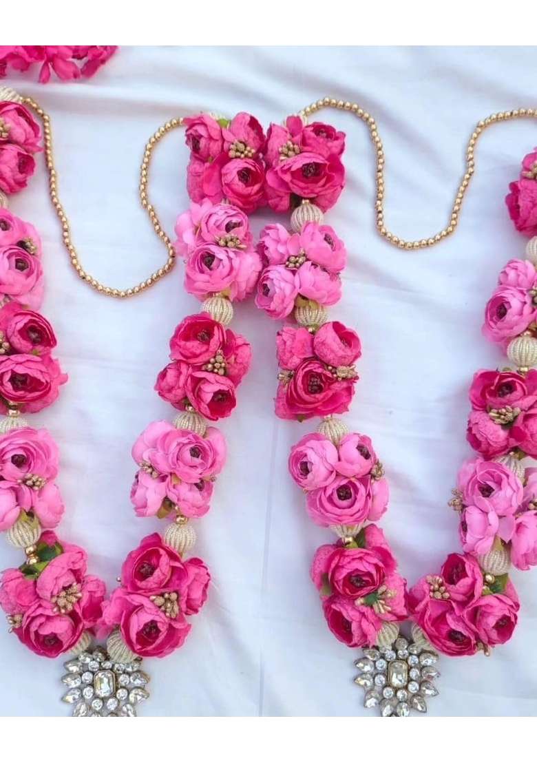Artificial Rose Pearl Garland Pink and Magenta Flower Wedding Varmala for Wedding Couples 3 Pieces - Indya
